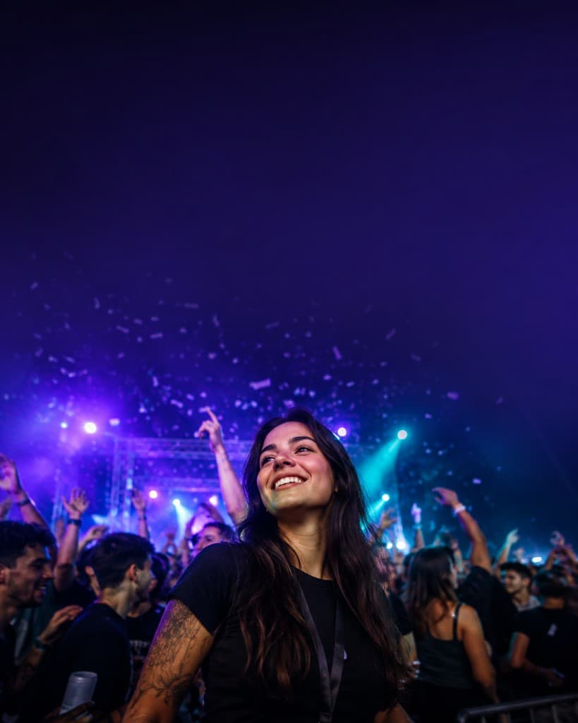 Público em show à noite, com palco e confete